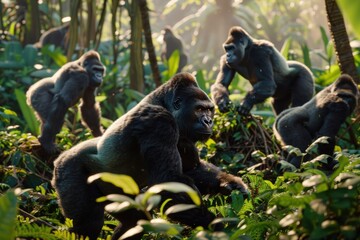 a silverback gorilla leading its troop through lush jungle foliage. Ideal for nature documentaries and educational exhibits about endangered species.