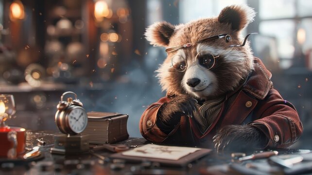 Stylish panda examining artifact in museum.