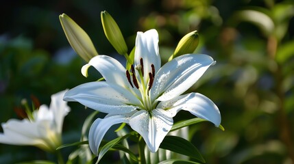 Fototapeta premium A single white lily in bloom with buds in the background.