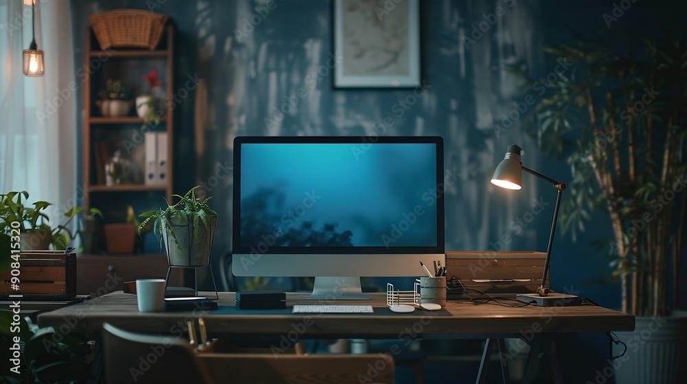 Fototapete Empty workspace and a computer in a home office for remote work business or design of desk Working creative and a table with a pc and setup for a freelance career or entrepreneurship f : Generative AI