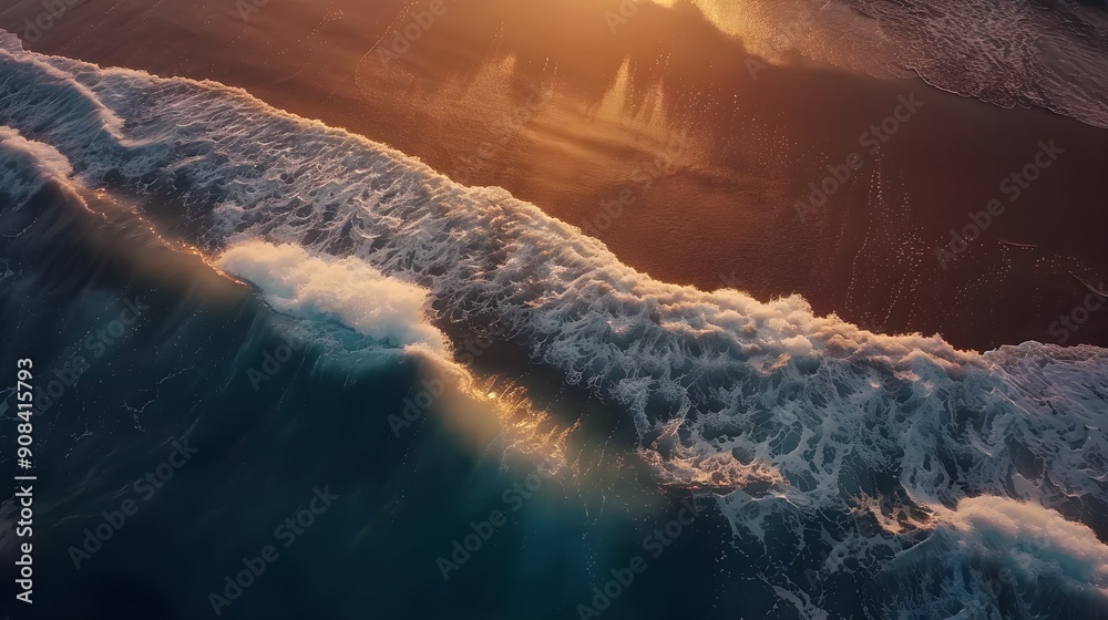 Wall mural ocean waves crashing on the sandy shore at sunset