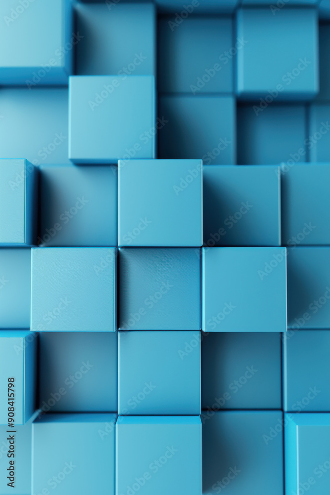 Poster abstract of blue geometric cubes with varying depths, creating a modern and dynamic visual effect. i