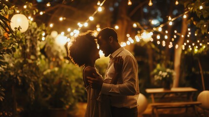 Naklejka premium A couple slow dances under string lights in a garden.