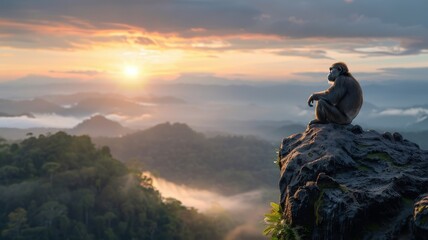 Fototapeta premium Dramatic chimpanzee in white suit overlooking jungle at sunset.