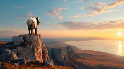 Dramatic elephant in white suit overlooking the ocean.