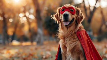 A Golden Retriever dog wearing a red superhero cape and a blue mask.