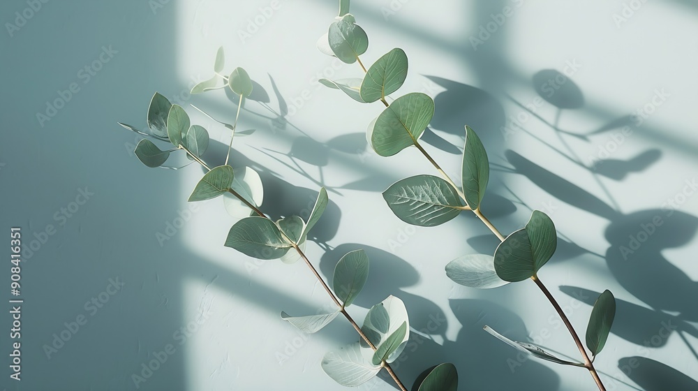 Poster green eucalyptus branch with shadows on empty light grey background backdrop for natural product pre