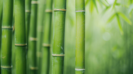 Obraz premium Close-up image of vibrant green bamboo stalks standing side by side, creating a serene and tranquil natural background.