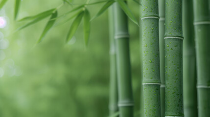 Fototapeta premium Close-up of fresh green bamboo stalks in a serene, lush forest setting. The bamboo is covered in tiny water droplets, creating a calming, nature-inspired scene.