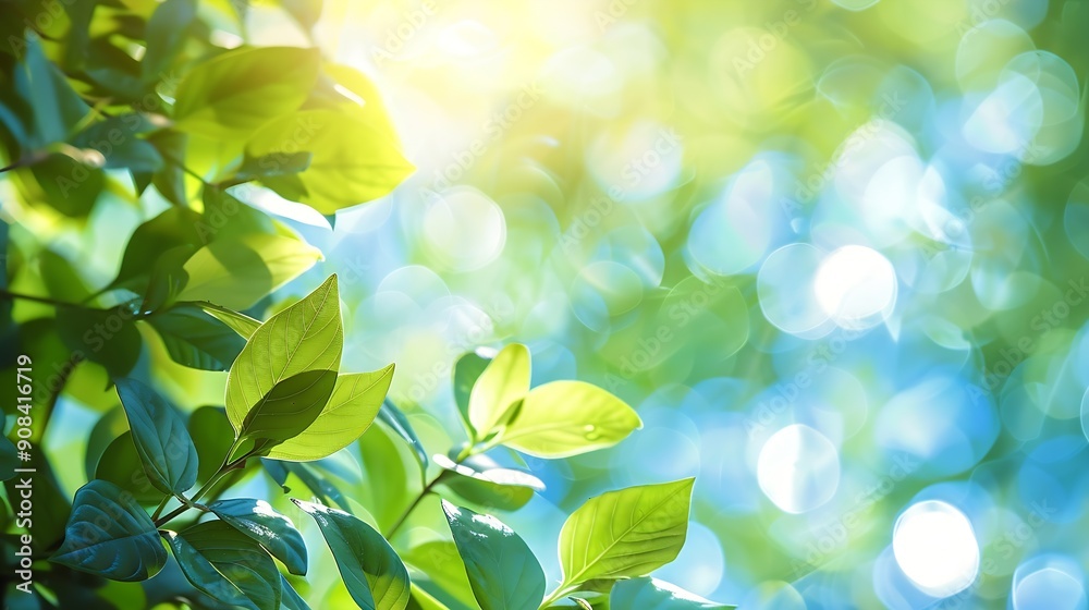 Aufkleber summer background of blue and green blurred foilage and sky with bright bokeh blurry abstract summer