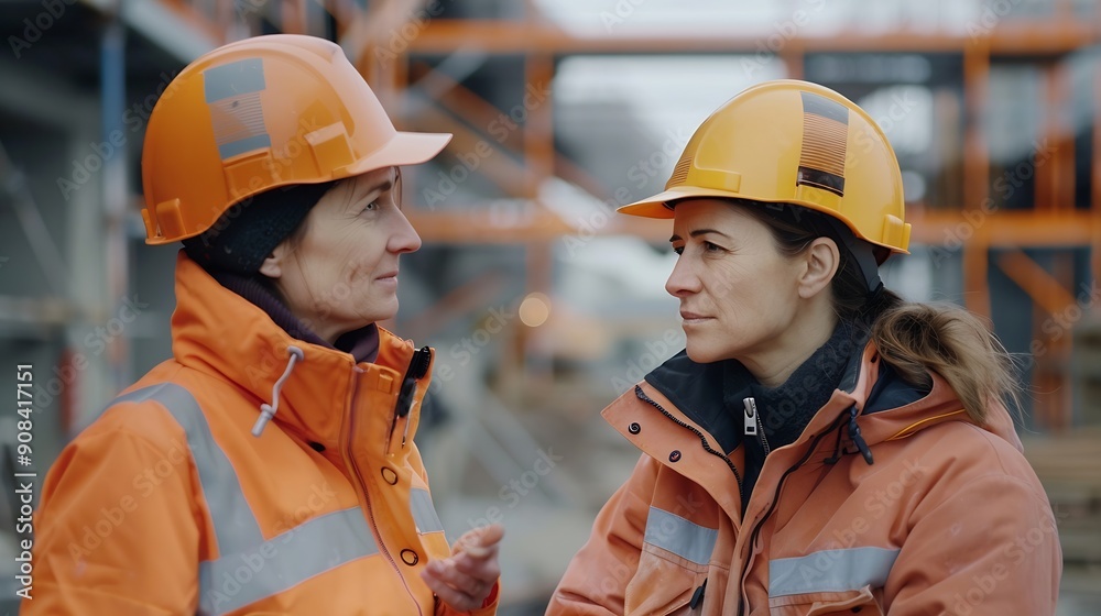 Poster Engineer and female foreman worker team checking project at precast factory site Engineer and builders in hardhats discussing on construction site : Generative AI