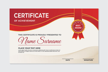 Modern achievement certificate template red waves with elegant white background