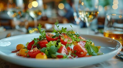 The culinary delights of the Mediterranean with this exquisite salad captured in the ambiance of a sophisticated restaurant Bathed in the gentle glow of low light photography captured  : Generative AI