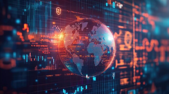 A conceptual digital illustration of a globe surrounded by various currency symbols and financial graphs, representing the global nature of pension funds and their diverse investment portfolios, set