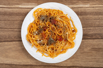 top view spaghetti with classic bolognese sauce at horizontal composition