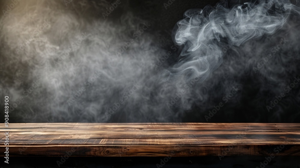 Aufkleber On a black background an empty wooden table with smoke floats up Empty space for displaying your products with a smoke float up on a dark background Space available for displaying your : Generative AI