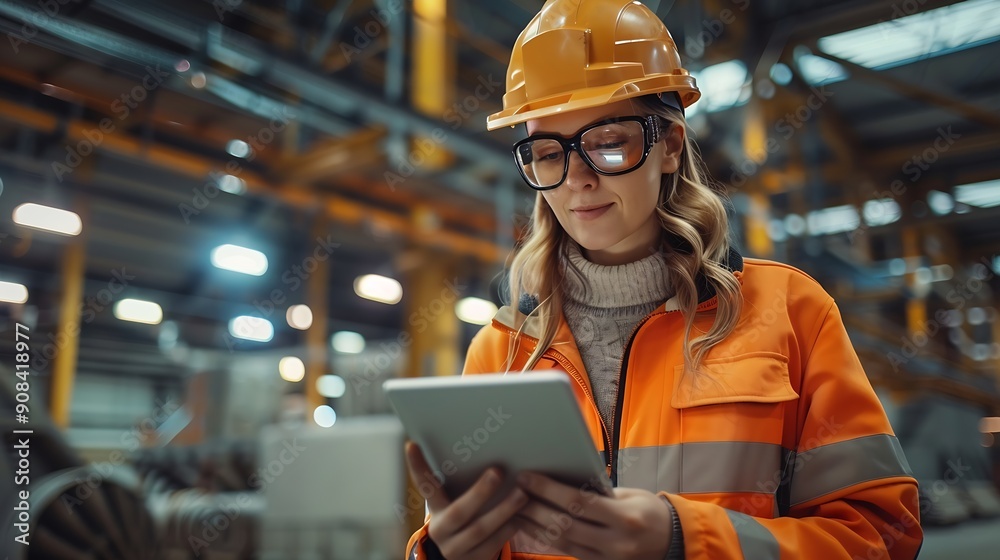 Poster female engineer with digital tablet at construction site factory foreman worker in hardhat at the pr