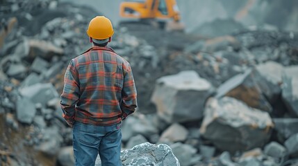 Man construction engineer wears helmet ensure safety when working in construction zone standing on pile rocks looking checking for completeness in case there is error so that it can be : Generative AI