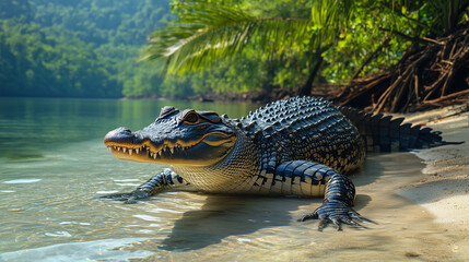 Fototapeta premium Philippine Crocodile Basking on a Riverbank in the Jungle