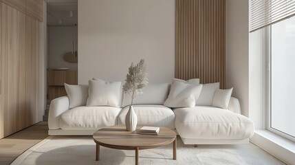 A minimalist living room with a white couch and wooden coffee table.