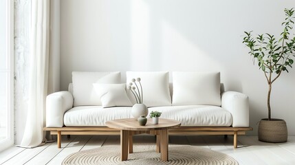 Fototapeta premium A minimalist living room with a white couch, wooden coffee table, and a plant in a wicker basket.