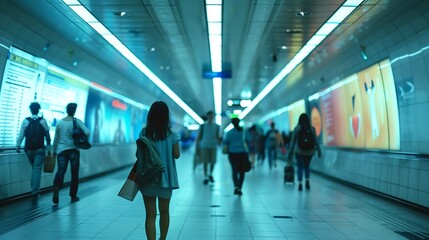 Group of people walking in public bridged walkway in station with blurred colorful digital signage advertisement board on passage in modern city at daylight : Generative AI