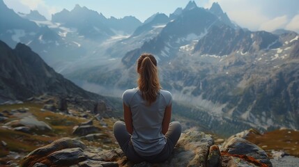 Naklejka premium Mental healthHealing Reflectionsselfcare selflove A woman films herself against background mountains in naturewellnessreducing stressSelf Acceptance : Generative AI