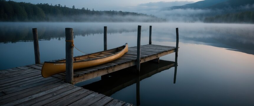 An old wooden dock at dawn, leading into a misty lake, evoking peace and serenity - Powered by Adobe
