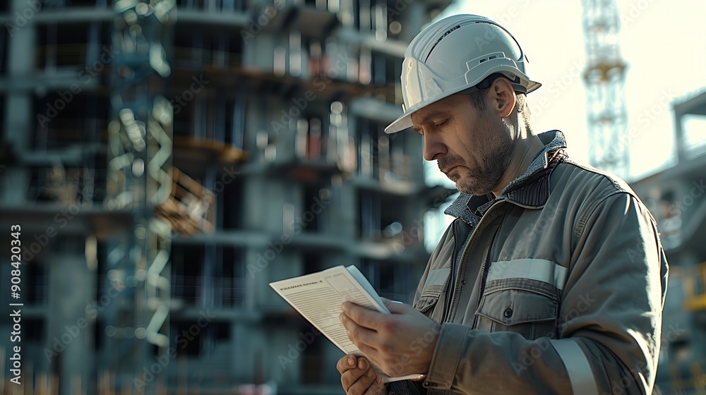 Aufkleber Man checking work process on construction site working : Generative AI
