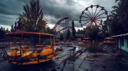 Abandoned Theme Park, haunting abandoned amusement park shrouded in mist rusted rides, post apocalyptic amusement park