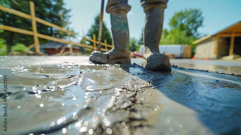 Poster Man working on smoothing concrete driveway for the new home build at construction site Architecture and exterior structure base progress safety foundation pavement ground Real estate i : Generative AI