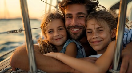 Obraz premium Happy young family resting on yacht : Generative AI