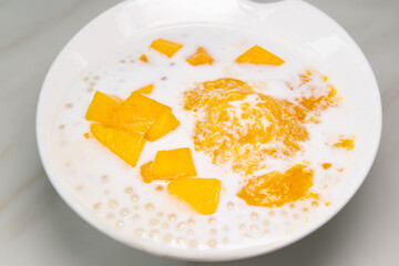 angle view mango pomelo sago with ice cream at horizontal composition