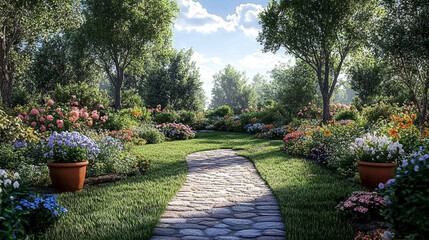 A path through a garden with a brick walkway and a row of potted plants