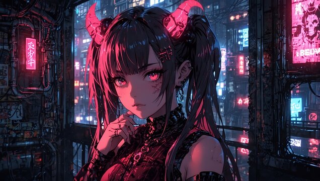 Female modern cyber punk red oni with city background