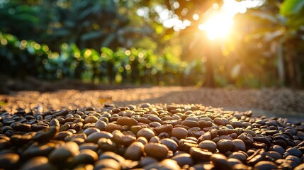 Obraz premium Coffee beans drying in the sun Coffee plantations at coffee farm : Generative AI