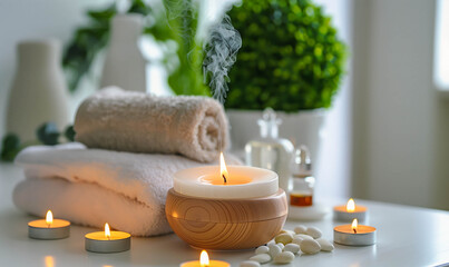 Serene spa setup with candles and aromatic diffuser