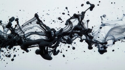 Abstract black ink splash on white background, creating dynamic fluid shapes, patterns and textures in motion.