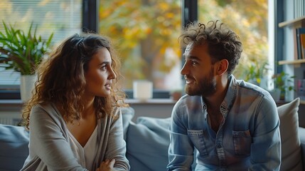 Naklejka premium Young couple talking about marriage problems sitting at family therapist office during therapy session Male psychologist listening his patients trying to find solution Mental health co : Generative AI