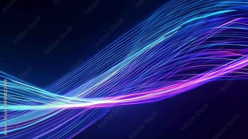 Poster bright, flowing wave patterns of color shift and move across a dark background, creating a mesmerizi