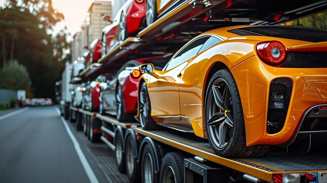 A fleet of brand new exotic luxury sports cars ready to race or dazzle They are loaded on a twolevel hydraulic trailer truck that transports them safely and swiftly on the highway : Generative AI