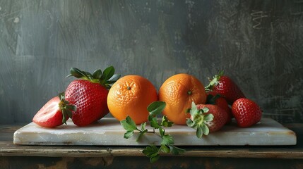 Still Life Photography of Oranges and Strawberries on a Marble Cutting Board