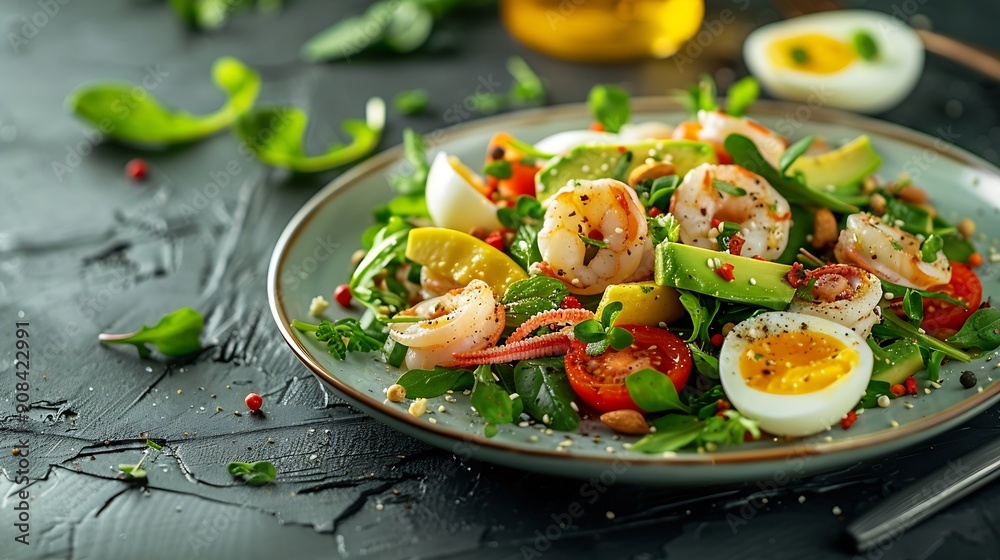 Poster Healthy salad with squid and avocado on white plate with harsh shadows Calamari salad with vegetables and eggs on white background with shadows of leaves Summer food menu : Generative AI