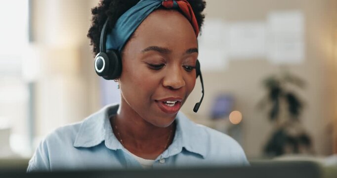 Black woman, headset and online discussion or consultation for telecom, crm call and contact us in home. African translator, virtual chat and customer service for multilingual support, talk and help