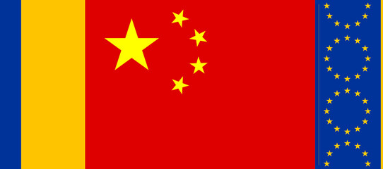 yellow blue creative abstract flag of the European Union, EU Europe and the red flag of China