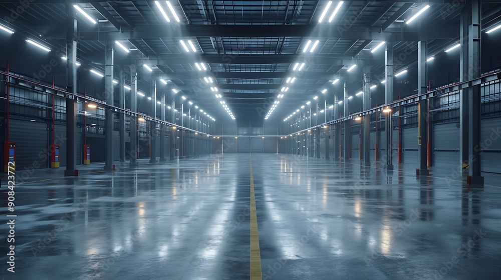 Poster clean and empty industrial hall in detail for supporting poles : generative ai
