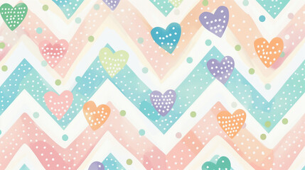 Pastel-colored hearts and chevrons in a soft, playful pattern design