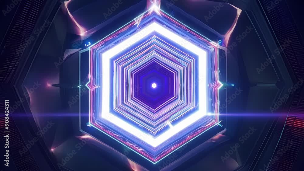 Poster dynamic geometric shapes emit colorful lights in a dark backdrop, creating a mesmerizing visual effe