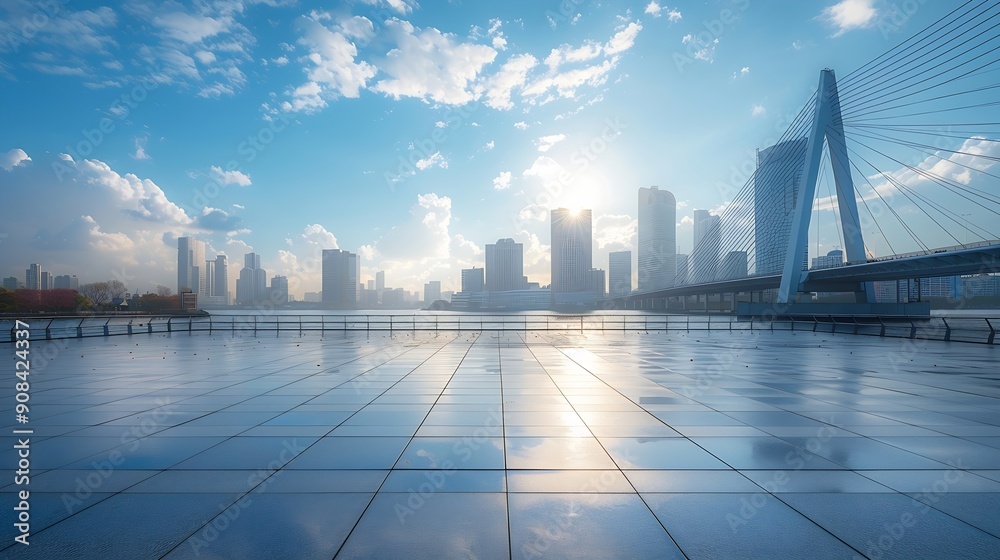 Aufkleber empty square floor and bridge with city skyline under blue sky : generative ai