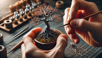 Close-up of Hands Shaping a Wire Bonsai Tree with Precision Tools.